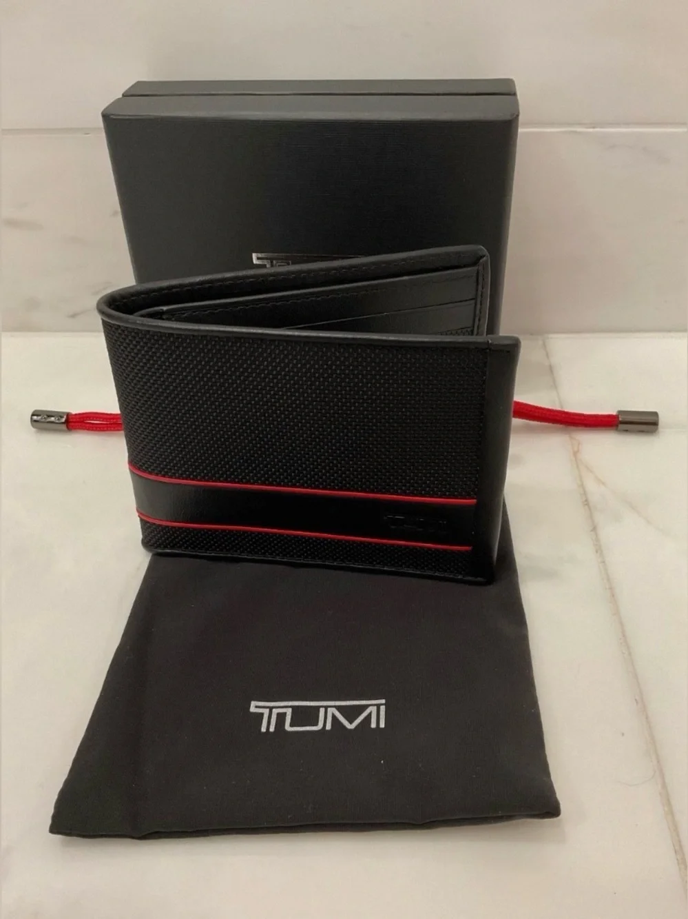 Tumi ALPHA Ballistic Nylon & Leather Global Double Billfold Wallet - BLACK & RED